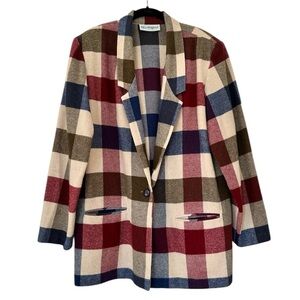 Vintage Plaid Wool Blend Blazer Size 12 Womens Navy Red Cream Academia